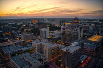 Aerial View of the Fresno, California Skyline at Dusk