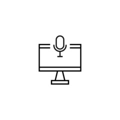 Monochrome sign drawn with black thin line. Perfect for internet resources, stores, books, shops, advertising. Vector icon of microphone inside of computer