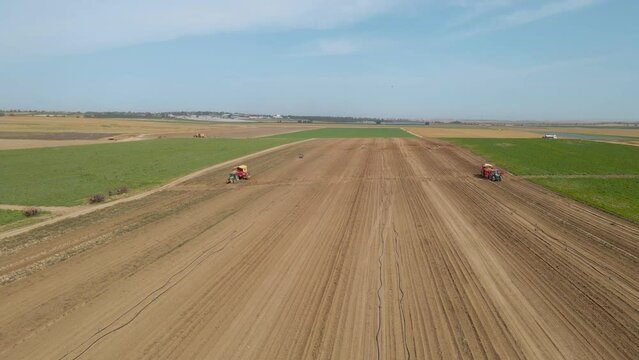 Aerial Tilt Drone Shot of Harvest at Southern District Field in Sdot Negev, Israel