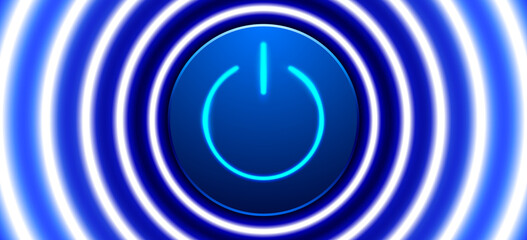Power button with blue neon circle lights, vector background. Start button dynamic, energetic, technological banner. Launching, or activation concept illustration.