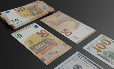 Euro and dollar bank notes 3d concept illustration finance money