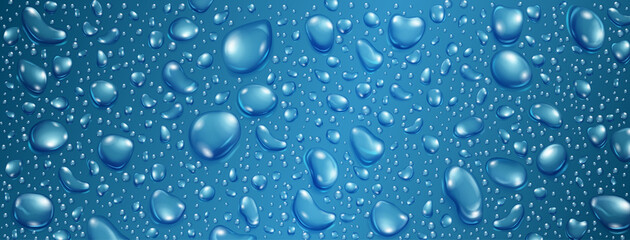 Background of big and small realistic water drops in blue colors