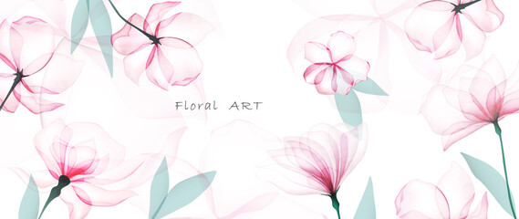 Abstract floral art background in pink colors with transparent flowers. Botanical vector banner in watercolor style for decor, textile, wallpaper, print - obrazy, fototapety, plakaty