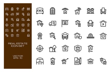 Real Estate, Residence Icon Set with Line Concept Isolated on White Background. This Set Consist of 29 Icon Among bed, apartment, veranda etc. Vector Illustration