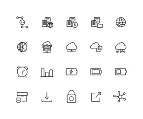 Collection of UI UX linear icons. Cloud, Global, IoT, Hosting. Set of cloud platform symbols drawn with thin contour lines. Vector illustration.