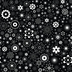 Vector. Seamless pattern of white abstract flowers on black background. Various shapes.
