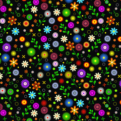 Vector. Seamless pattern of colorful flowers on black background. Various shapes and colors.
