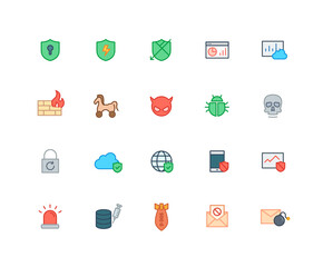 Security, Computer Virus color icons. Trojan, Lock, Debug. Set of Network platform symbols drawn with thin contour lines. Vector illustration.
