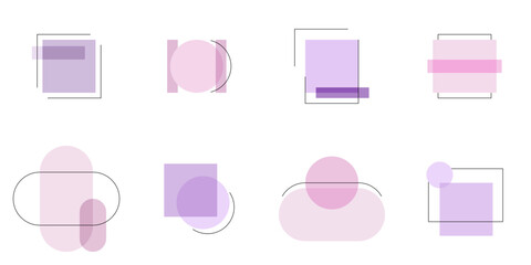 Proste geometryczne kształty i linie  z miejscem na tekst w pastelowym różowym i fioletowym kolorze. Ramki do projektów, naklejki, kontenery. Podstawowe figury.