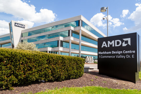 Thornhill, Ontario, Canada - May 15, 2022: AMD Markham Design Centre in Thornhill, Ontario, Canada. Advanced Micro Devices, Inc. is an American multinational semiconductor company. 