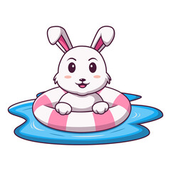 Fototapeta na wymiar Cute bunny cartoon using inflatable ring, Cartoon rabbit in summer holiday, vector cartoon illustration