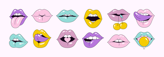 Lips Set in Pop Art 90's Style. Vector Illustration Women's Mouths in Different Emotions for Stickers, Logos, Patches - 504830845