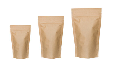 Paper zip bag isolate on white background, eco style packaging, blank brown paper bag on white background