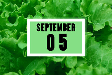 calendar date oncalendar date on the background of green lettuce leaves.  September 5 is the fifth  day of the month