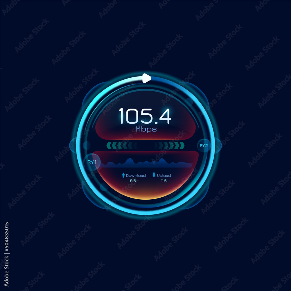 Poster Internet speed futuristic meter. Network bandwidth indicator, Wi-Fi signal strength dial display or web connection, data download and upload Mbps speed test digital circle interface with speed graph