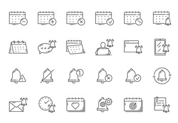 Reminder, calendar, planner and alarm outline icons of vector schedule calendars, clocks, notification bells and new message. Isolated symbols of event date, time, appointment, new message and agenda