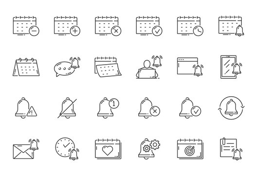 Reminder, calendar, planner and alarm outline icons of vector schedule calendars, clocks, notification bells and new message. Isolated symbols of event date, time, appointment, new message and agenda