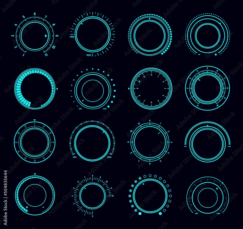 Aufkleber Volume round knob switch dials and music sound control interface regulator, futuristic HUD elements. Vector control knobs or digital buttons with neon light dials and max min level scales, game UI