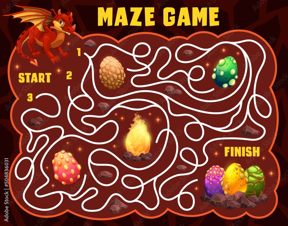 Poster labyrinth maze riddle with cartoon dinosaur or dragon and eggs in cave. vector game, puzzle or quiz 
