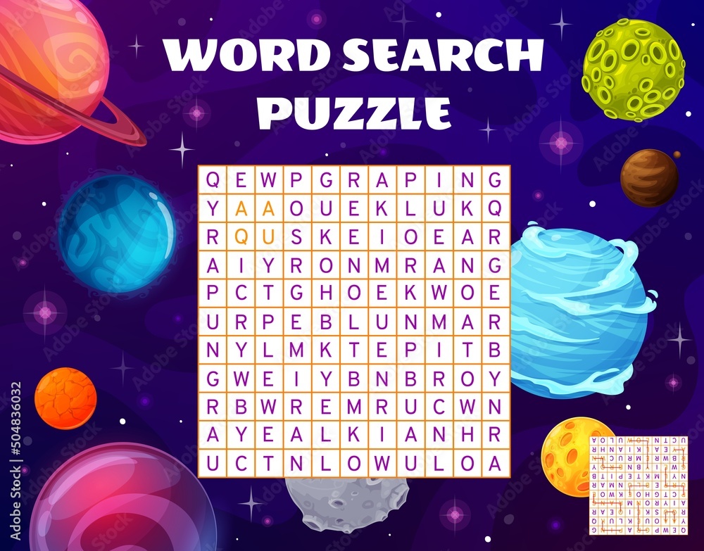 Poster find a color of space planets word search puzzle game worksheet, kids quiz grid. vector crossword br