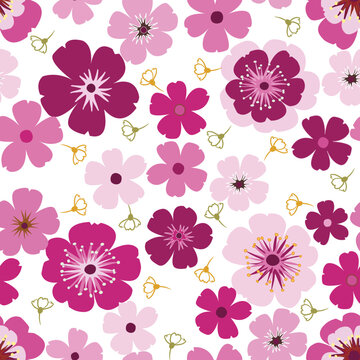 Purple pink daisy petal spring flower blossom vector seamless pattern, abstract flora illustration drawing on white background for fashion fabric textiles printing, wallpaper and paper wrapping 