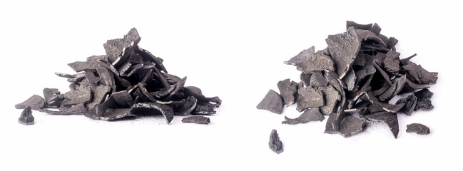pile of coconut shell charcoal, carbonized raw shells in a limited supply of air, widely used in domestic and industrial fuel, create activated carbon, organic fertilizer, on white background