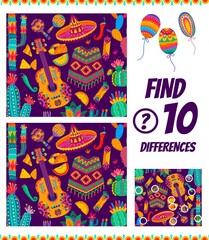 Find ten differences in mexican national objects. Kids maze game worksheet. Vector cartoon children riddle with sombrero, poncho, cactus and guitar with tex mex food, kid leisure