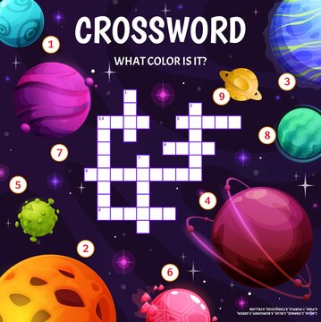 Cartoon galaxy planets and stars crossword worksheet, find a word quiz game. Vector search puzzle for children educational or recreational activity with fantasy alien world. Crossword test for kids