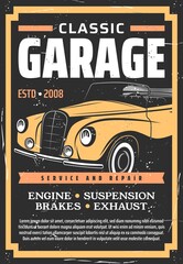 Retro cars repair and restoration service poster. Classic automobiles engine, exhaust and suspension maintenance, brakes mechanic garage station flyer. Retro cabriolet sedan and limousine vector