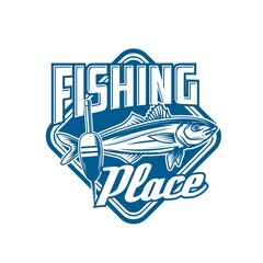 Fishing sport icon with mackerel and float. Fishing club emblem, fishing tackles and equipment shop or store vector retro icon or blue badge with ocean fish trophy and fisherman bobber © Vector Tradition