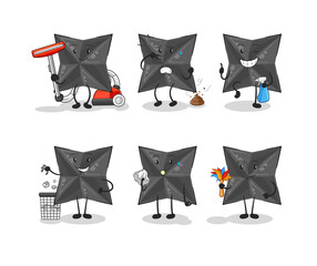 shuriken cleaning group character. cartoon mascot vector