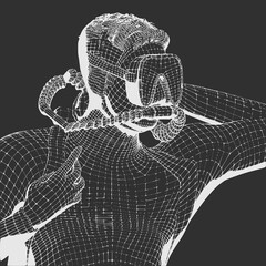 Monochrome silhouette of diver. Mesh grid texture - obrazy, fototapety, plakaty