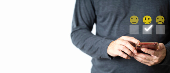 Man hand chooses a popup rating icon for feedback review , Customer give rating to service...