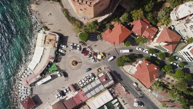 Awesome aerial view of the Kizil Kule (Red Tower), Alanya