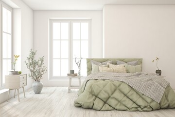 Soft color bedroom interior. Scandinavian design. 3D illustration