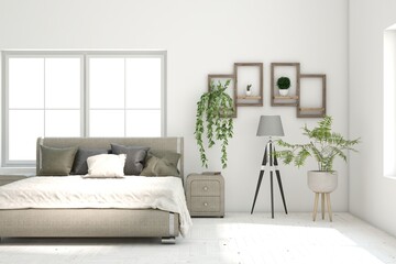 Soft color bedroom interior. Scandinavian design. 3D illustration