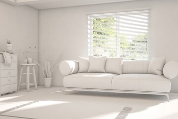 Mock up of stylish room in white color with sofa and green landscape in window. Scandinavian interior design. 3D illustration