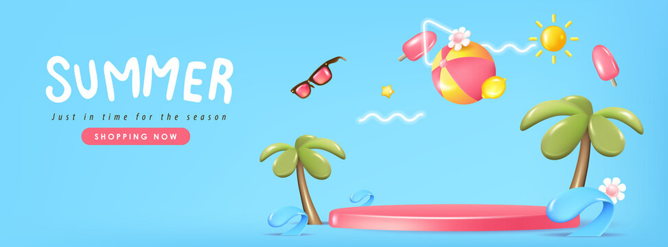  Summer sale banner background with product display cylindrical shape and beach vibes decorate