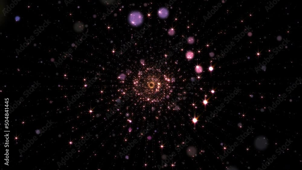 Poster 4k 3d seamless loop of shinny circle stars rotation animation on black background. graphic motion ov