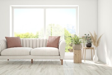 Stylish room in white color with sofa and summer landscape in window. Scandinavian interior design. 3D illustration