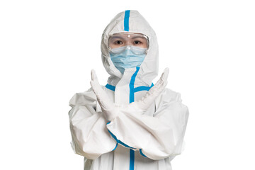 Doctor or nurse wearing protective suit and mask showing  rejected gesture on the white background.