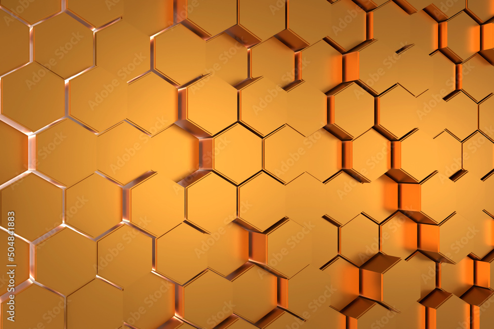 Sticker abstract background of golden hexagon. 3d rendering.