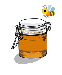 jar of honey. Illustration of a jar of honey with a honey bee on a white background. Space for copy text