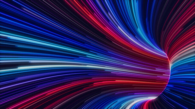 Blue, Pink and Purple Colored Stripes form Abstract Neon Lines Tunnel. 3D Render.