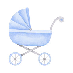 Fototapeta na wymiar Baby boy stroller watercolor illustration. Cute hand drawn baby shower design element. Isolated clipart element on white background.