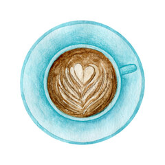 Coffee in blue cup watercolor hand drawn illustration. Food clipart element isolated on white background. Top view latte.