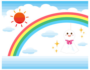 Naklejka premium かわいいてるてる坊主 ベクターイラスト 虹 太陽