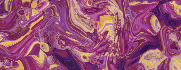 Contemporary Art Banner. Liquid Swirls in Beautiful Purple and Yellow colors, with Gold Glitter.