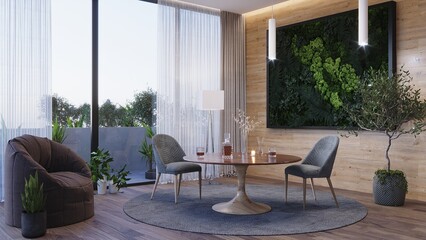 The interior of the place of negotiations. Hotel lobby with phytowall. Two chairs and a table. 3d render interior in eco style