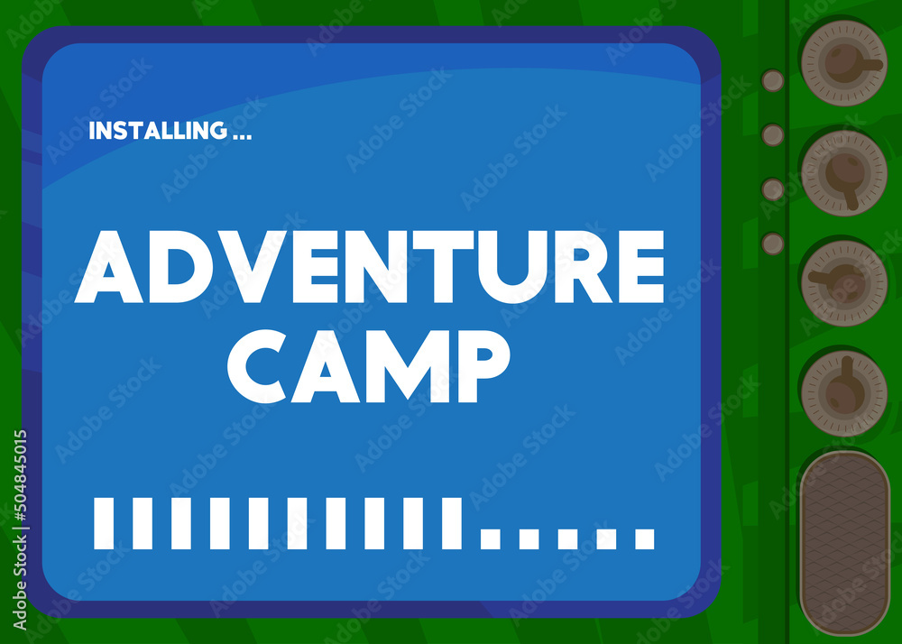 Poster cartoon computer with the word adventure camp. message of a screen displaying an installation window